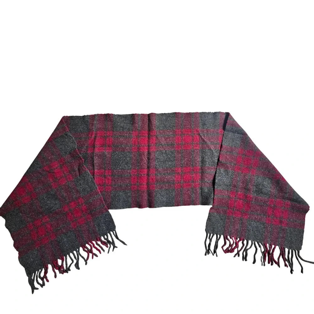 Banana Republic 100% Lambswool Plaid Scarf Fringe Red Made in Italy 90s Grunge